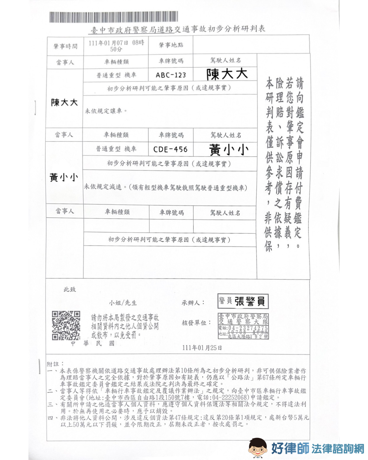 車禍初判表